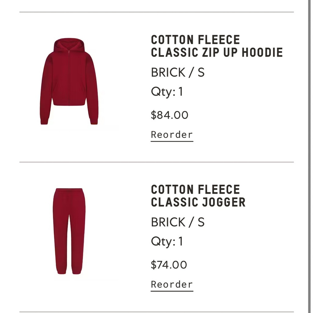 Skims cotton fleece classic zip up hoodie and classic jogger brick red